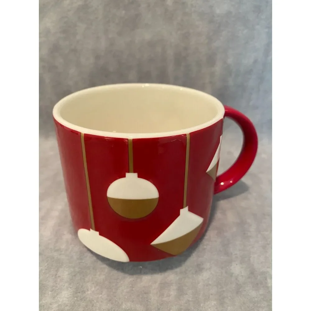 2012 Starbucks Coffee Mug‎ Cup Christmas Red with Gold and White Ornaments
